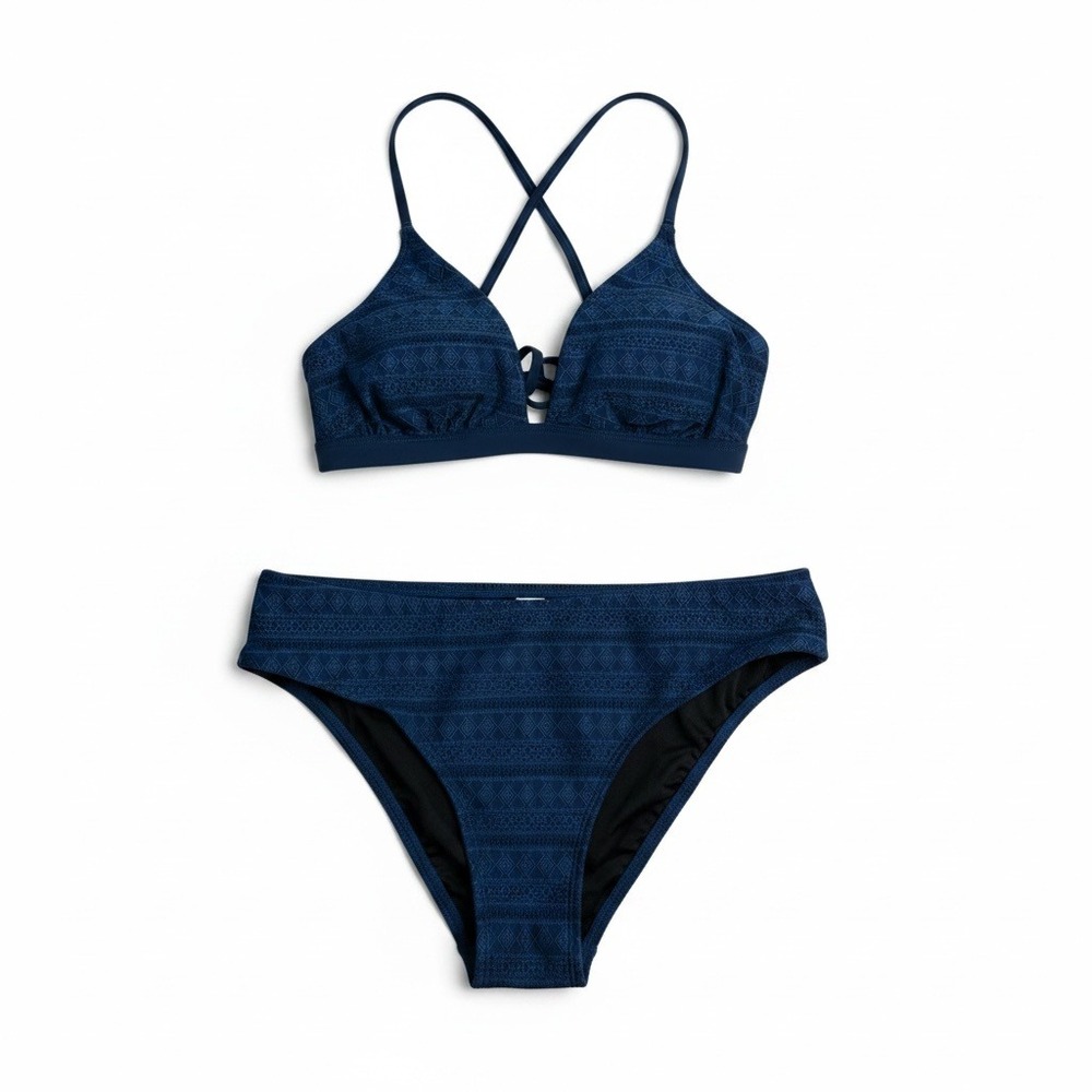 Cupshe NWT Blue Textured Print Bikini Top Criss Cross Back Medium Coverage Set M